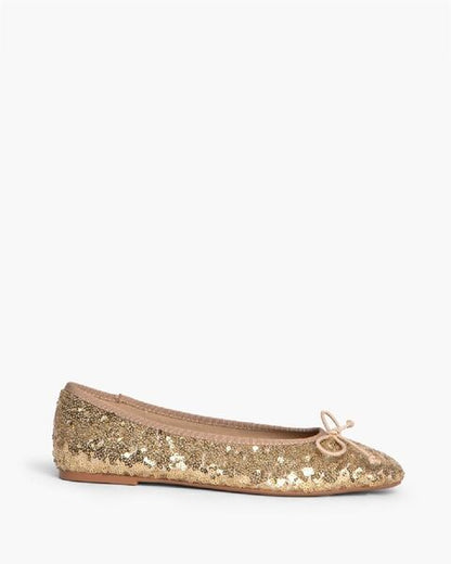 Gold Sequin Ballet Flats with Bow Accent