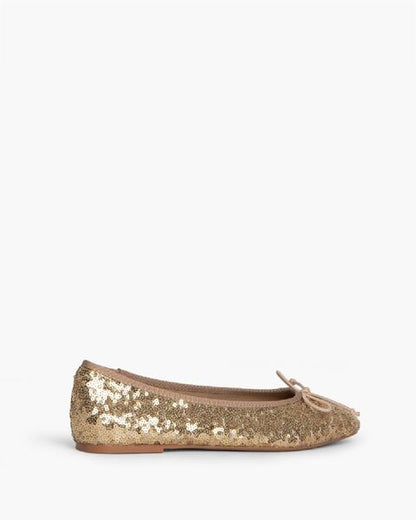 Gold Sequin Ballet Flats with Bow Accent