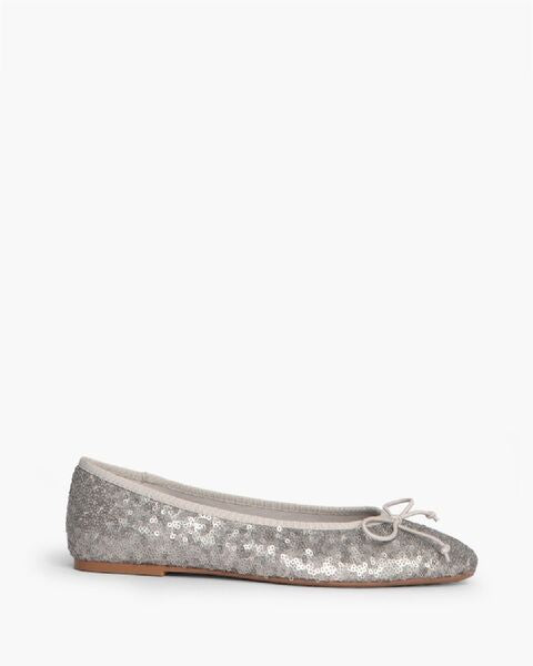 Silver Sequin Ballet Flats with Bow Detail