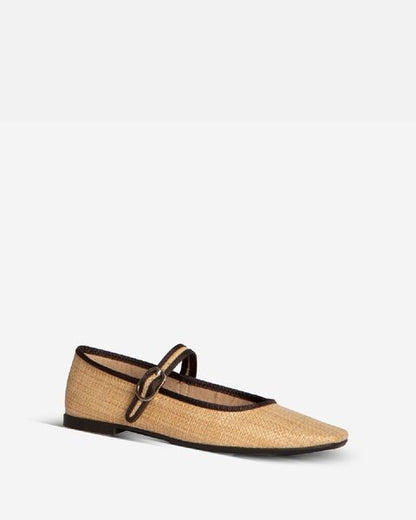 Beige Woven Mary Jane Flats with Buckle Detail