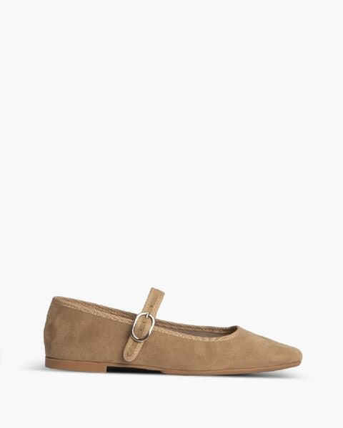 Beige Suede Mary Jane Flat with Buckle Closure