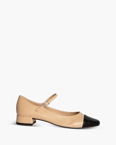Beige and Black Leather Block Heel Mary Jane Shoe