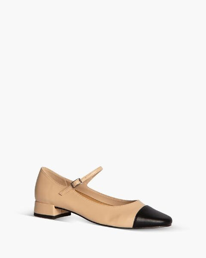 Beige and Black Leather Block Heel Mary Jane Shoe