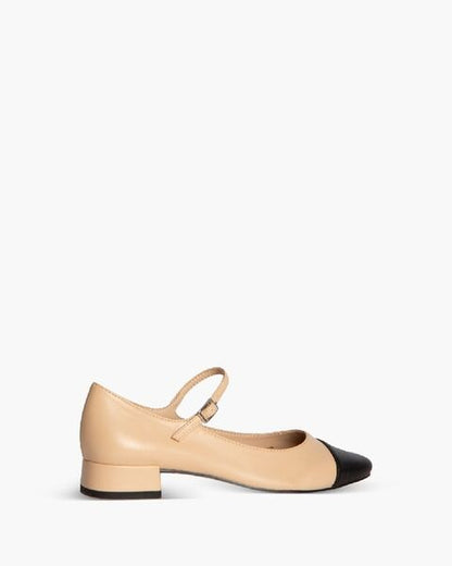 Beige and Black Leather Block Heel Mary Jane Shoe