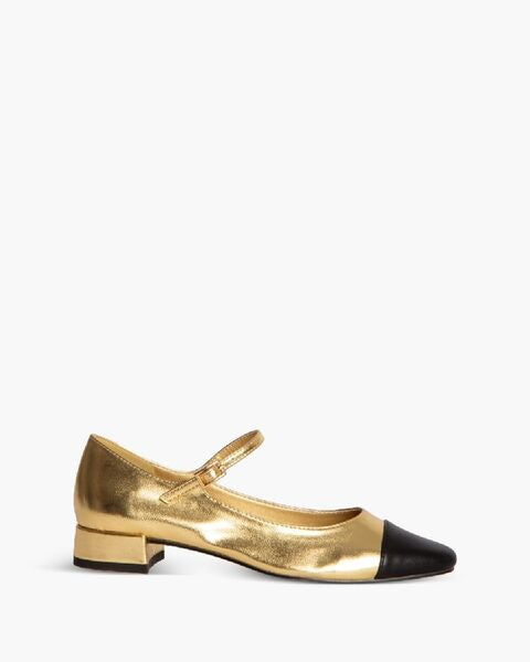 Gold Metallic Mary Jane Flats with Black Cap Toe