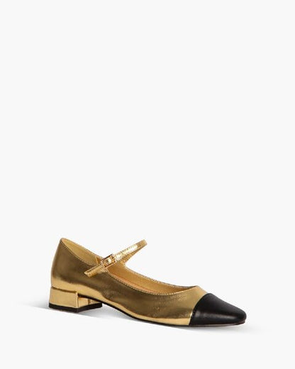 Gold Metallic Mary Jane Flats with Black Cap Toe