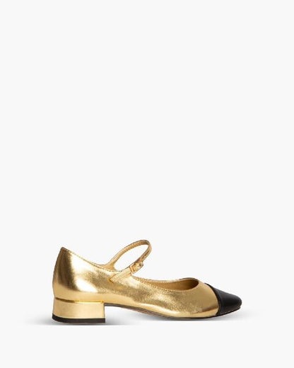 Gold Metallic Mary Jane Flats with Black Cap Toe