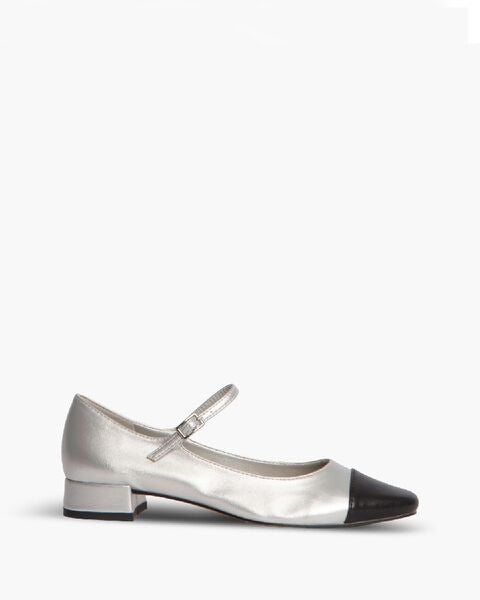Black and Silver Leather Mary Jane with Low Block Heel
