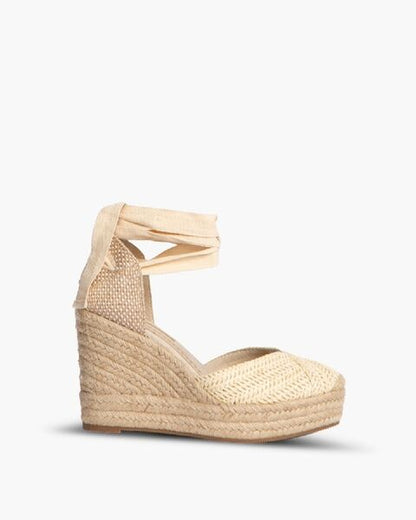 Beige Woven Wedge Espadrilles with Ankle Tie