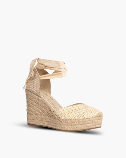Beige Woven Wedge Espadrilles with Ankle Tie