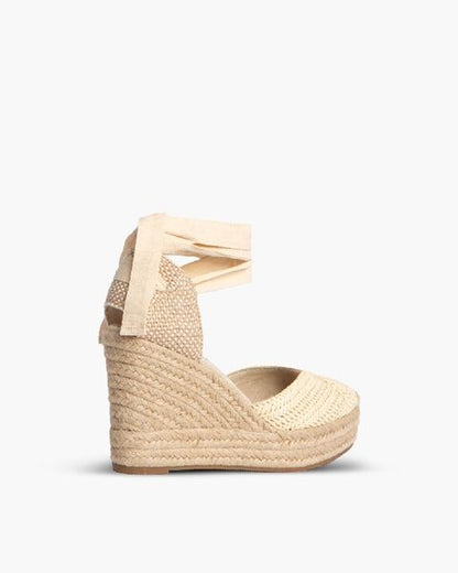 Beige Woven Wedge Espadrilles with Ankle Tie
