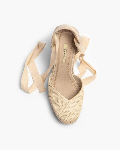 Beige Woven Wedge Espadrilles with Ankle Tie