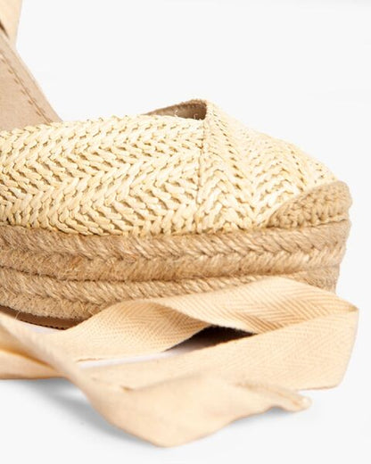 Beige Woven Wedge Espadrilles with Ankle Tie