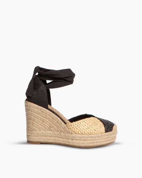 Black Woven Espadrille Wedge with Ankle Tie