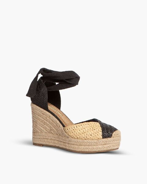 Black Woven Espadrille Wedge with Ankle Tie