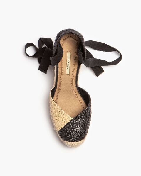 Black Woven Espadrille Wedge with Ankle Tie