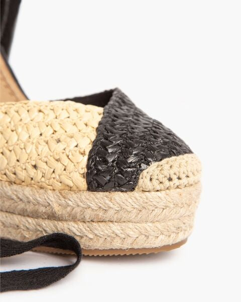 Black Woven Espadrille Wedge with Ankle Tie