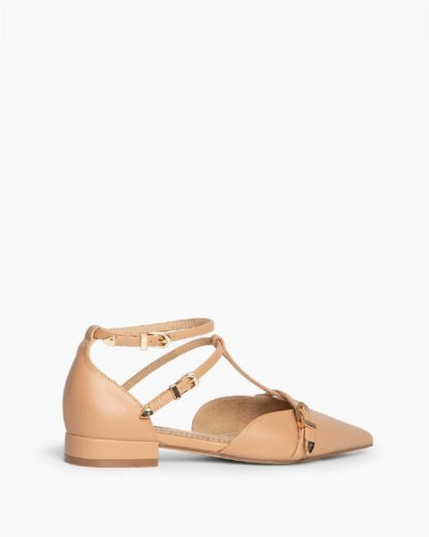 Tan Leather Pointed Toe Strappy Flats