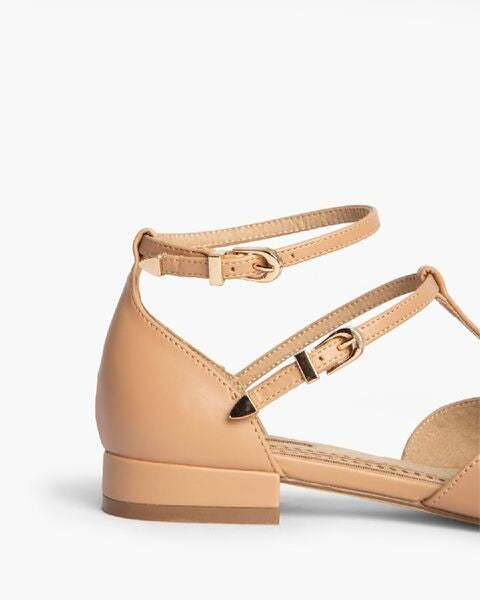 Tan Leather Pointed Toe Strappy Flats