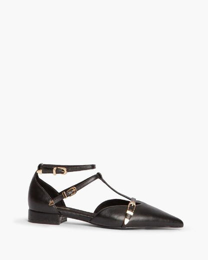 Black Strapped Leather Flats with Ankle Detail