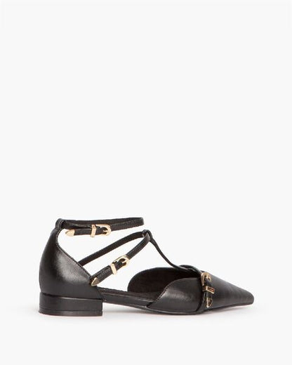 Black Strapped Leather Flats with Ankle Detail