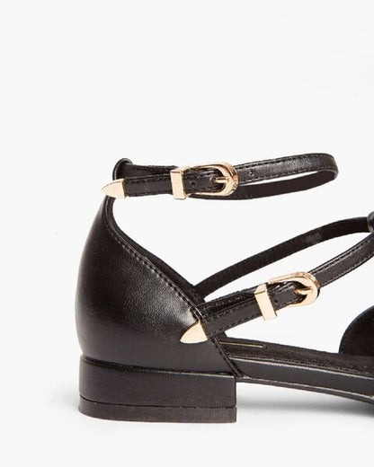 Black Strapped Leather Flats with Ankle Detail