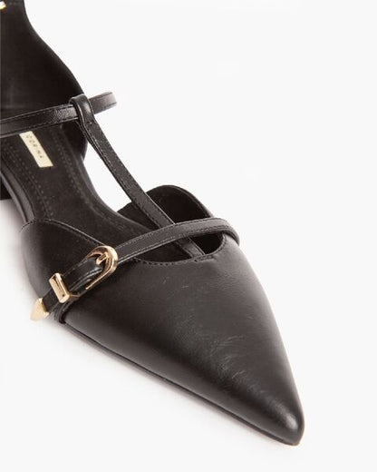 Black Strapped Leather Flats with Ankle Detail