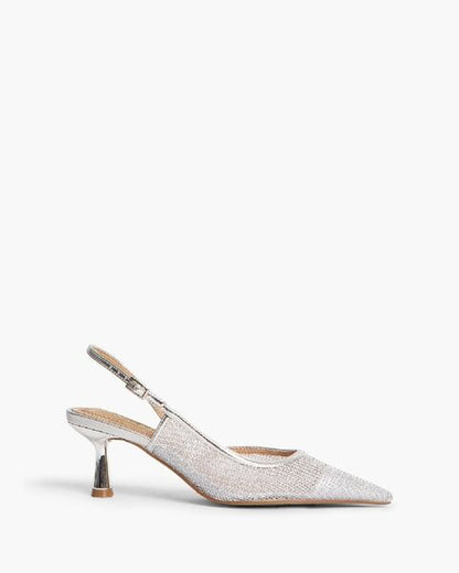 Silver Textured Slingback Pumps with Kitten Heel