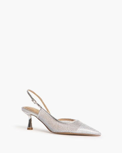 Silver Textured Slingback Pumps with Kitten Heel