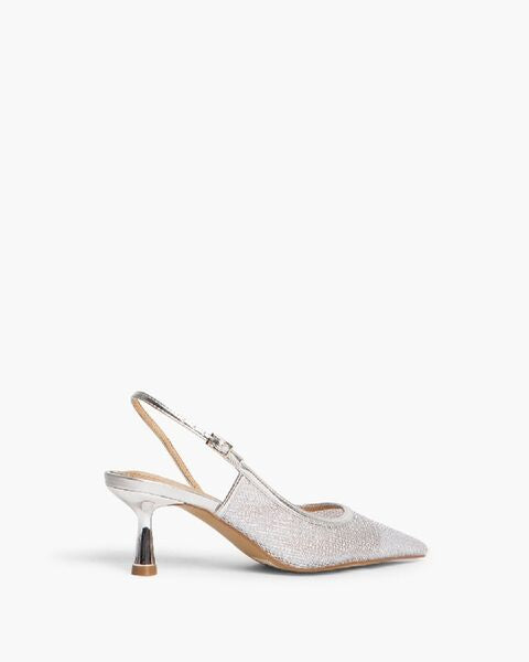 Silver Textured Slingback Pumps with Kitten Heel
