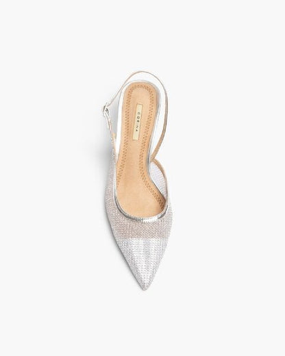Silver Textured Slingback Pumps with Kitten Heel