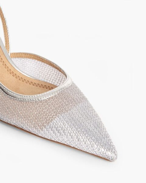 Silver Textured Slingback Pumps with Kitten Heel