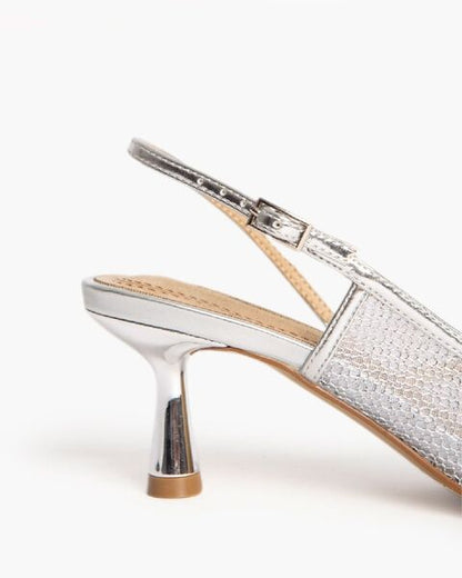 Silver Textured Slingback Pumps with Kitten Heel