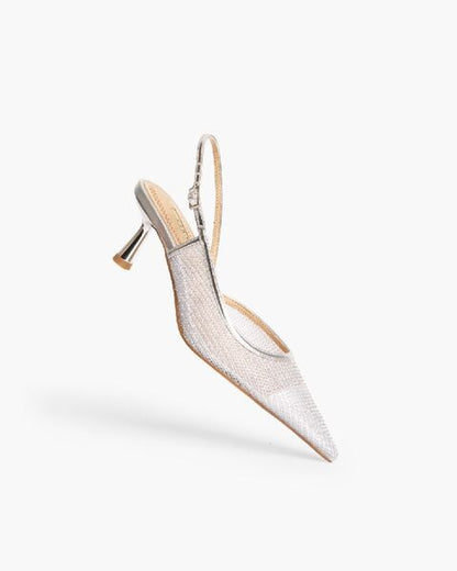Silver Textured Slingback Pumps with Kitten Heel