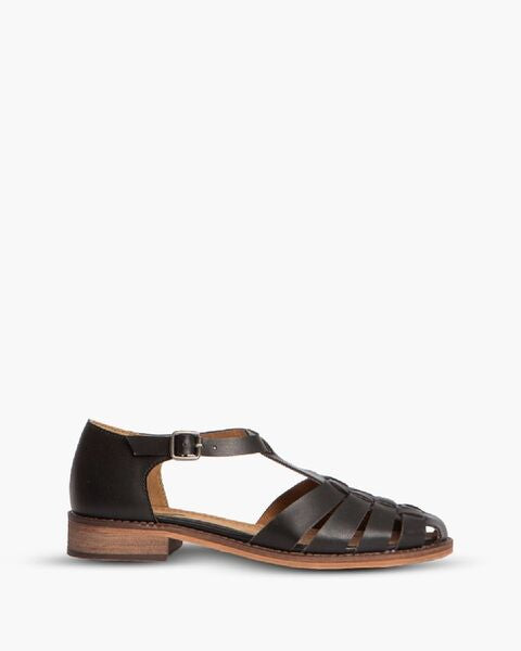 Dark Leather T-Strap Sandals with Closed Toe