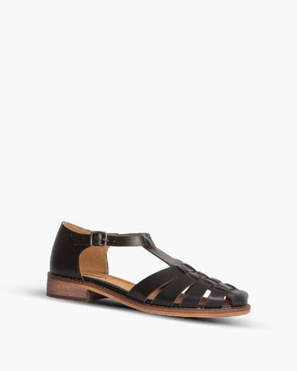Dark Leather T-Strap Sandals with Closed Toe