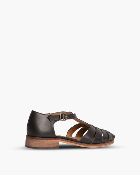 Dark Leather T-Strap Sandals with Closed Toe