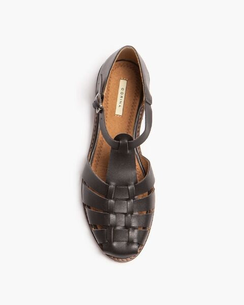 Dark Leather T-Strap Sandals with Closed Toe