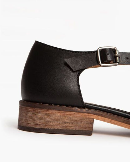 Dark Leather T-Strap Sandals with Closed Toe