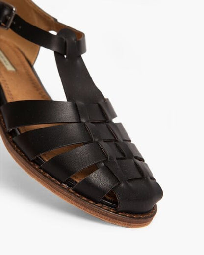 Dark Leather T-Strap Sandals with Closed Toe