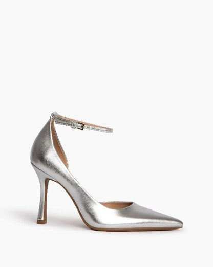 Silver Metallic Pointed Pumps with Ankle Strap