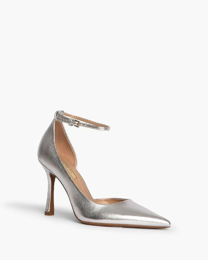 Silver Metallic Pointed Pumps with Ankle Strap