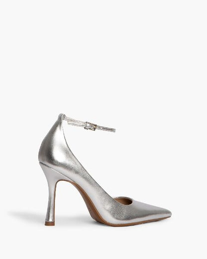 Silver Metallic Pointed Pumps with Ankle Strap