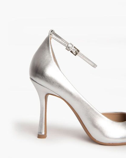 Silver Metallic Pointed Pumps with Ankle Strap