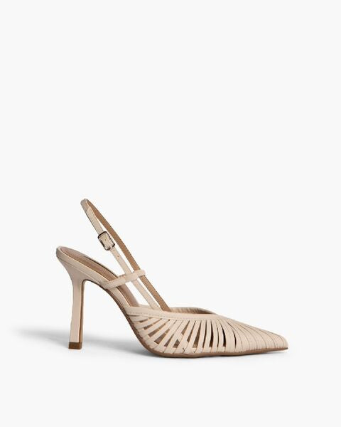 Beige Strappy Slingback Heels with Pointed Toe