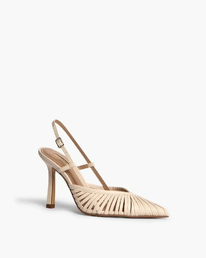 Beige Strappy Slingback Heels with Pointed Toe