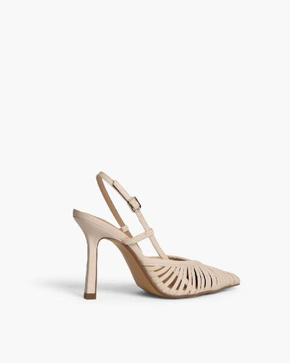 Beige Strappy Slingback Heels with Pointed Toe
