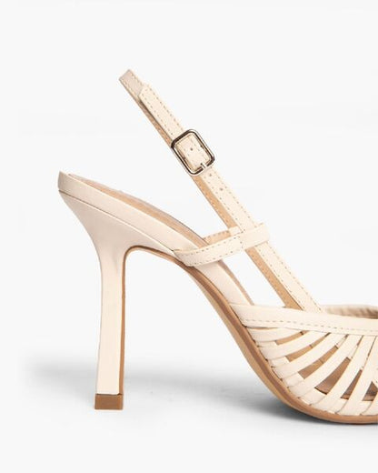 Beige Strappy Slingback Heels with Pointed Toe