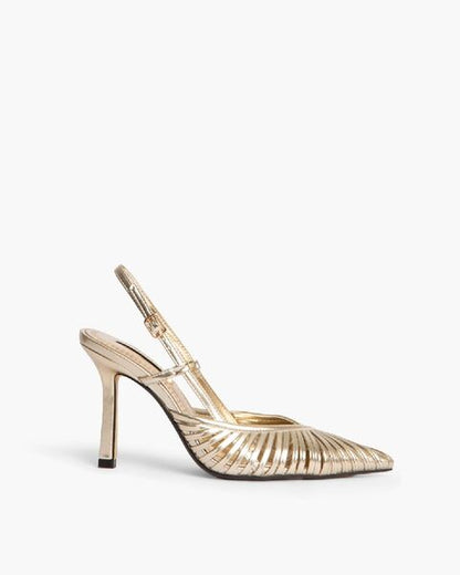 Gold Metallic Slingback Heels with Pointed Toe Design