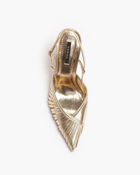Gold Metallic Slingback Heels with Pointed Toe Design